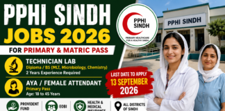 PPHI Sindh Jobs 2026 advertisement for Lab Technician and Aya Female Attendant vacancies
